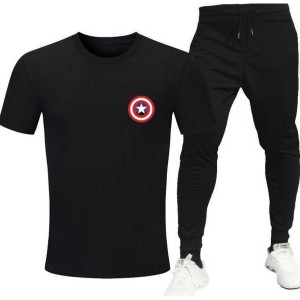 Captain America Logo Printed Black T Shirt And Black Trouser Summer Wear For Mens