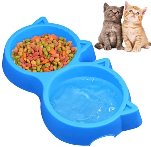 PACK 2 Cat Shaped Double food bowl Pet Plastic food bowl Foodie Puppies Pet Feeding Plastic Cat Face Shaped Double Bowl Food & Water Feed