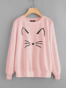 CLASSY CUTE CAT MEOW Tag Print Thick & Fleece Fabric Rib Sweatshirt for Winter sweatshirt Fashion Wear for Women / Girls