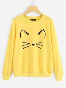 CLASSY CUTE CAT MEOW Tag Print Thick & Fleece Fabric Rib Sweatshirt for Winter sweatshirt Fashion Wear for Women / Girls