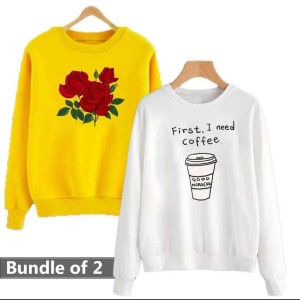 PACK OF 2 COFFEE FLOWER Thick & Fleece Fabric Rib Sweatshirt for Winter sweatshirt Fashion Wear for Women / Girls