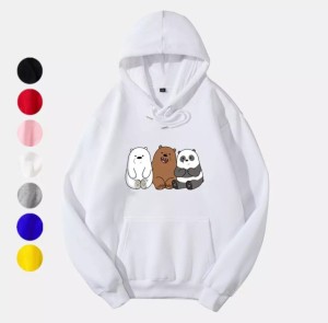 Cute Bear Printed Pullover White Hoodie for Women