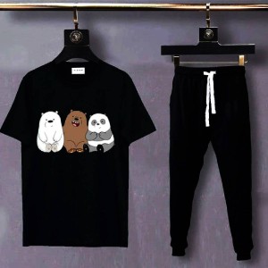 Cute Bear Tracksuit Printed Black T Shirt And Black Trouser Cotton Half Sleeves Summer Collection Top Quality