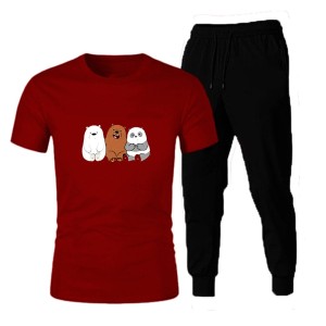Cute Bear Tracksuit Printed Brown T Shirt And Black Trouser Cotton Half Sleeves Summer Collection Top Quality