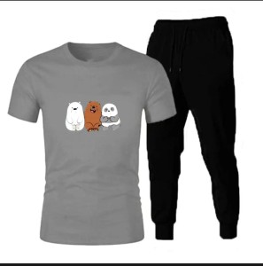 Cute Bear Tracksuit Printed Grey T Shirt And Black Trouser Cotton Half Sleeves Summer Collection Top Quality