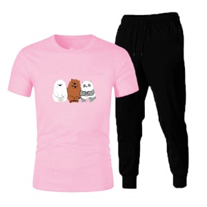 Cute Bear Tracksuit Printed Pink T Shirt And Black Trouser Cotton Half Sleeves Summer Collection Top Quality For Women