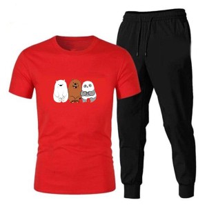 Cute Bear Tracksuit Printed Red T Shirt And Black Trouser Cotton Half Sleeves Summer Collection Top Quality