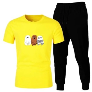 Cute Bears Tracksuit Printed Yellow T Shirt And Black Trouser Half Sleeves Summer Collection Top Quality