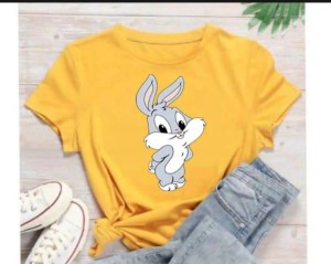 CUTE BUNNY RABBIT CARTOON TAGS Trendy Stylish Theme Tag Round neck Yellow Colored Smart fit T-shirt
