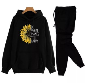Do What Make You Happy with Sunflower Printed Tracksuit With Black Hoodie and Trouser For Women