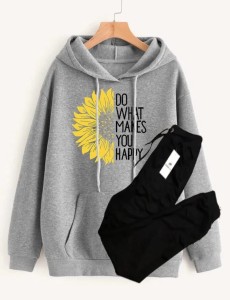 Do What Make You Happy with Sunflower Printed Tracksuit With White Hoodie and Trouser For Women