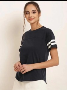 Double Stripes Half Sleeve Round Neck Black T-Shirt For Women