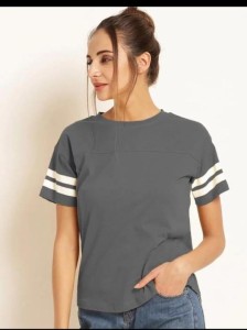 Double Stripes Half Sleeve Round Neck Grey T-Shirt For Women