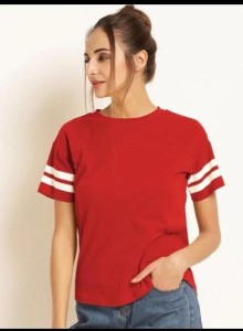 Double Stripes Half Sleeve Round Neck Red T-Shirt For Women