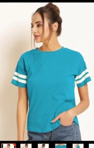 Double Stripes Half Sleeve Round Neck Blue T-Shirt For Women