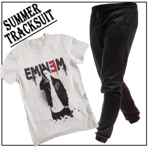 Eminem Printed Tracksuit for Men In White T-Shirt half Sleeve & Black Trouser printed for Summer Collection