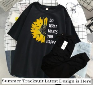 Flower Printed Summer Tracksuit For Women & Girls Half Sleeve Black T-shirt & Black Trouser