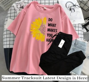 Flower Printed Summer Tracksuit For Women & Girls Half Sleeve Pink T-shirt & Black Trouser