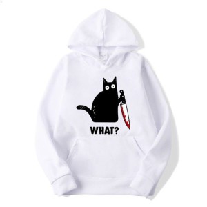 Funny Scary cat Printed Pullover White Hoodie For Women