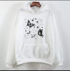 Galaxy And Buttlerfly Pullover White Hoodie for  Women AND Girls