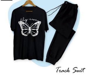 Girls Fashion Fly Away Butterfly Fashion Printed Cotton Fabric Black T-Shirt & Black Trouser for Tracksuit for Girls & Women