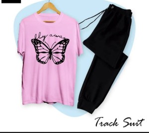 Girls Fashion Fly Away Butterfly Fashion Printed Cotton Fabric Pink T-Shirt & Black Trouser for Tracksuit for Girls & Women