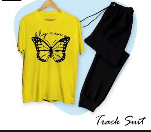 Girls Fashion Fly Away Butterfly Fashion Printed Cotton Fabric Yellow T-Shirt & Black Trouser for Tracksuit for Girls & Women