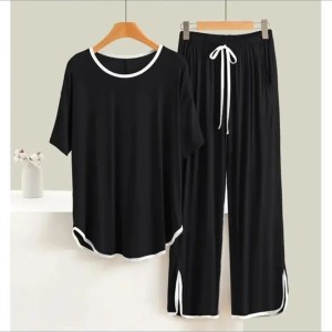 Black With White Round Neck Stripe With Plazzo Pajama Half Sleeves Home Wear