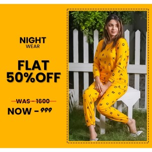 Yellow Alphabets Print Full sleeves night suit for her By Hk Outfits