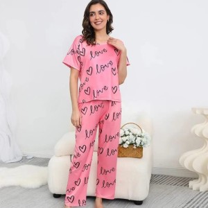 Pink Love Printed  Half Sleeves Tshirt and Pajama Home Wear