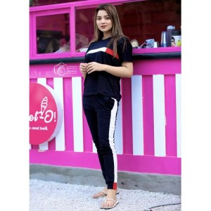 Black Stylish Printed Half Sleeves T Shirt with Panel Pajama Suit for Her