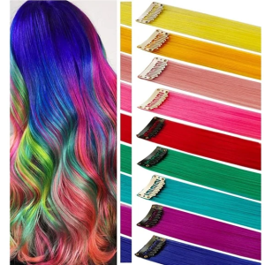 Hair Extensions Clip In Neon Hair Extension Hairpieces Party Highlights Synthetic Halloween Hair Accessories Colored Straight Extension Clip Ins for K