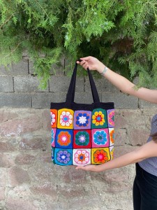 Handcrafted Black Crochet Bag For Women - Stylish Granny Square Crochet Bag - Handmade Crochet Bags For Girls