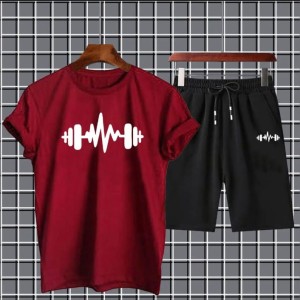 Heartbeat Dumble Printed logo maroon Summer Tracksuit For Boys & Girls T-Shirt & Shorts Gym Sports Outdoor Gaming Tracksuit for Men_Boys