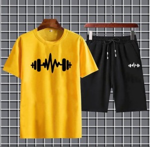 Heartbeat Dumble Printed logo Yellow Summer Tracksuit For Boys & Girls T-Shirt & Shorts Gym Sports Outdoor Gaming Tracksuit for Men_Boys
