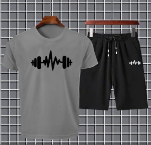 Heartbeat Dumble Printed logo Grey Summer Tracksuit For Boys & Girls T-Shirt & Shorts Gym Sports Outdoor Gaming Tracksuit for Men_Boys