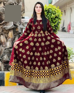 Heavy Gold Printed Long Maxi With Lace Net Dupatta 3Pcs By Khokhar Stockists