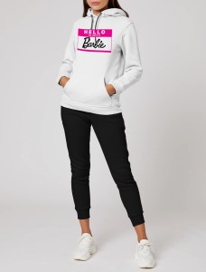 Hello My Name Is Barbie Printed Tracksuit With White Hoodie and Trouser For Women