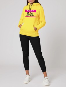 Hello My Name Is Barbie Printed Tracksuit With Yellow Hoodie and Trouser For Women