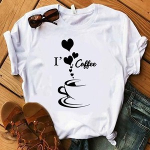 I Love Coffee Printed Cotton Half Sleeves O Neck T Shirt For Women