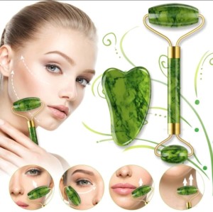 Jade Roller & Gua Sha Stone Set with Box , 100% Real & Natural Jade Roller Facial Massager