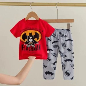 Baby Or Baba Red Bat Printed Print Half Sleeves T-shirt With Printed Pajama Night Suit for Kids