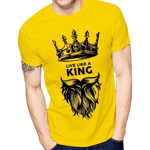 King style Amazing Summer Collection Smart Fit Trendy Live Like A KingPrinted O-Neck Half Sleeves Yellow T Shirt For Men