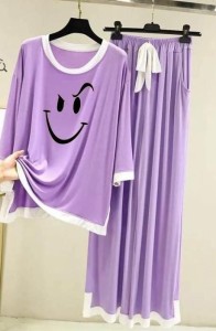 Naughty Smile Purple with White Round Neck with Palazzo  Pajama Full Sleeves night suit for her