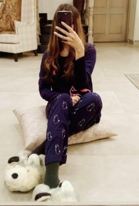 Navy Blue with Pink Cat print Full Sleeves Night Suit for her