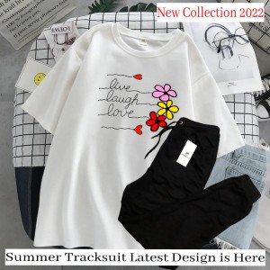 Live Laugh Love With Multi Flowers Printed Summer Tracksuit T Shirt & Trouser For Girls Track Suit