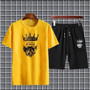 Live like a king Printed T-shirt And Shorts Summer Track Suit For Men -yellow