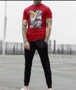 Live Music Printed Half Sleeves Cotton Jersey Summer Red T-Shirt & Black Trouser Tracksuit