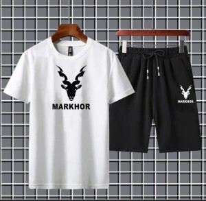 Markhor Printed Cotton Summer Tracksuit Shorts & T Shirt In white For Men n boys