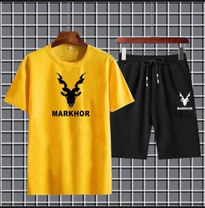 Markhor Printed Cotton Summer Tracksuit Shorts & T Shirt In Yellow For Men n boys